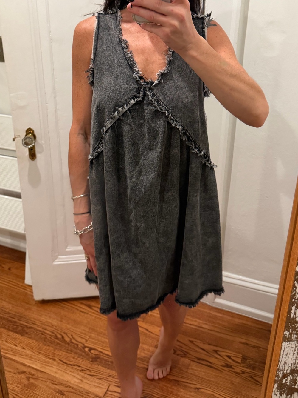 SHEIN Washed Charcoal Frayed V-Neck Mini Dress